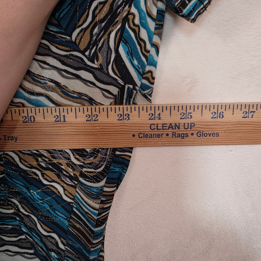 Dressbarn Blouse Womens 1X Blue Brown Abstract Swirl Boho Whimsical Metallic - Picture 4 of 13